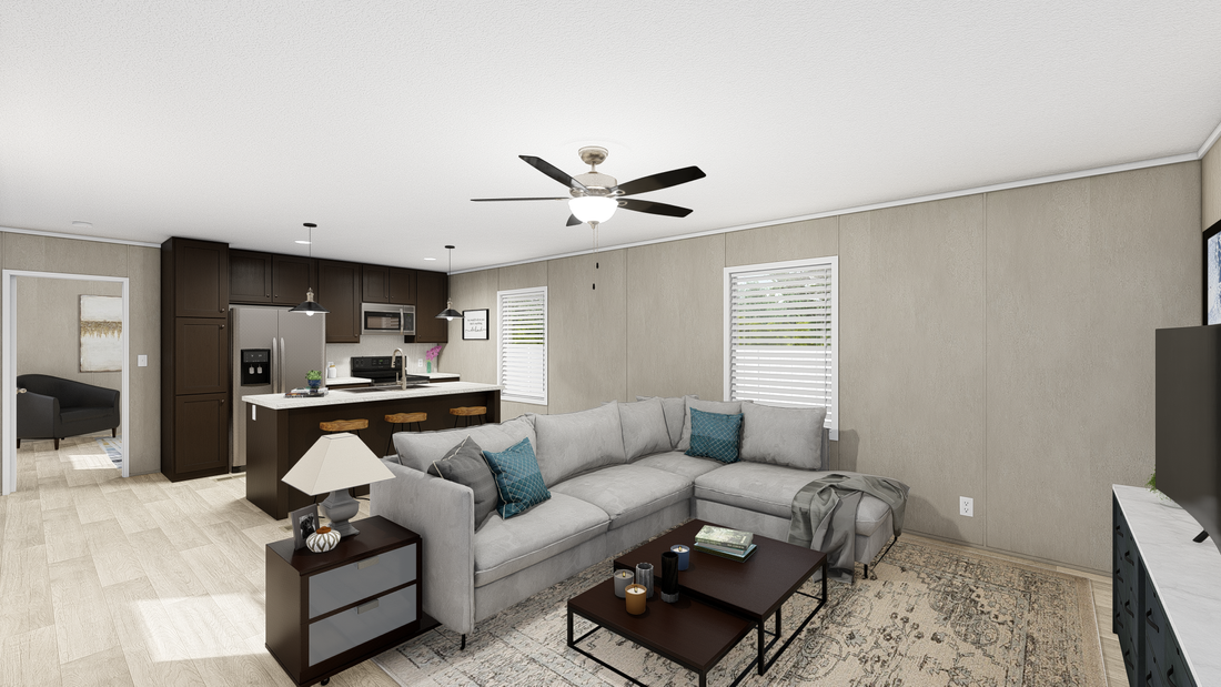 The ULTRA EXCEL FLEX 16X76 Living Room. This Manufactured Mobile Home features 3 bedrooms and 2 baths.